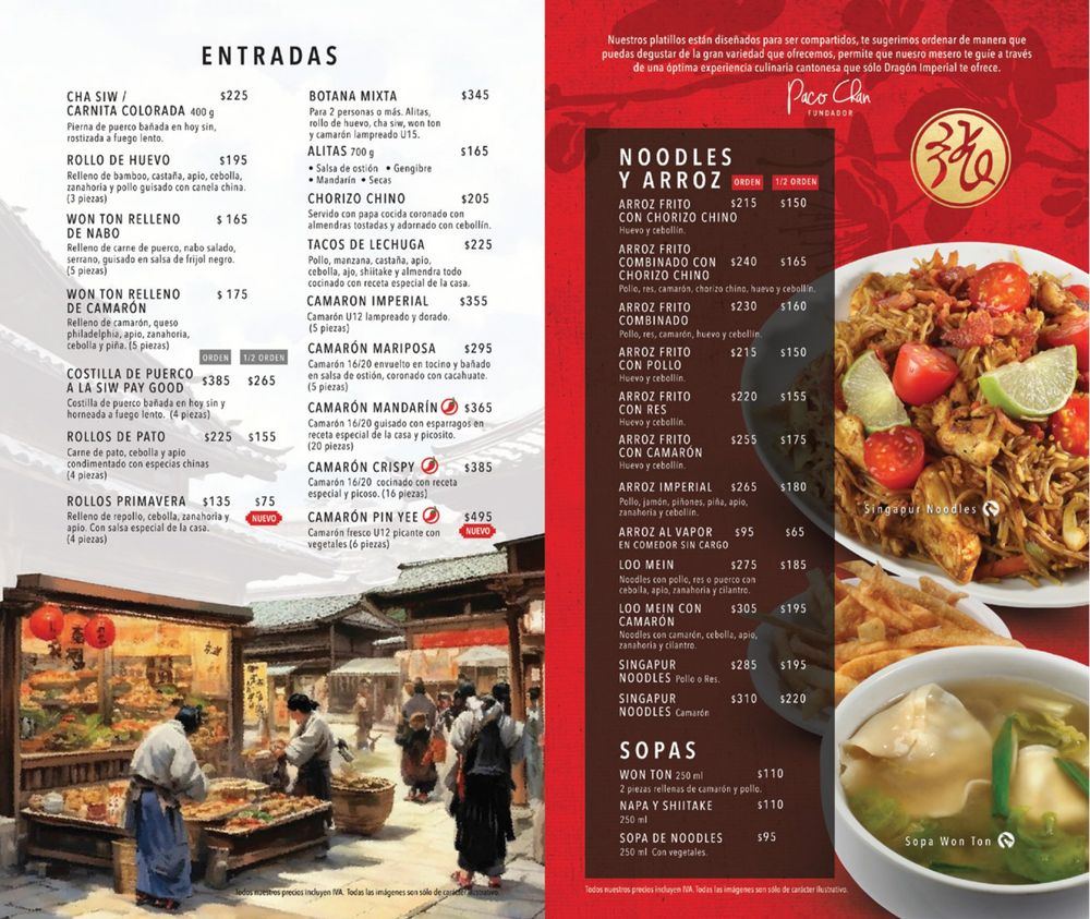 Carta de Dragón Imperial, página 2: entradas, noodles, arroz y sopas