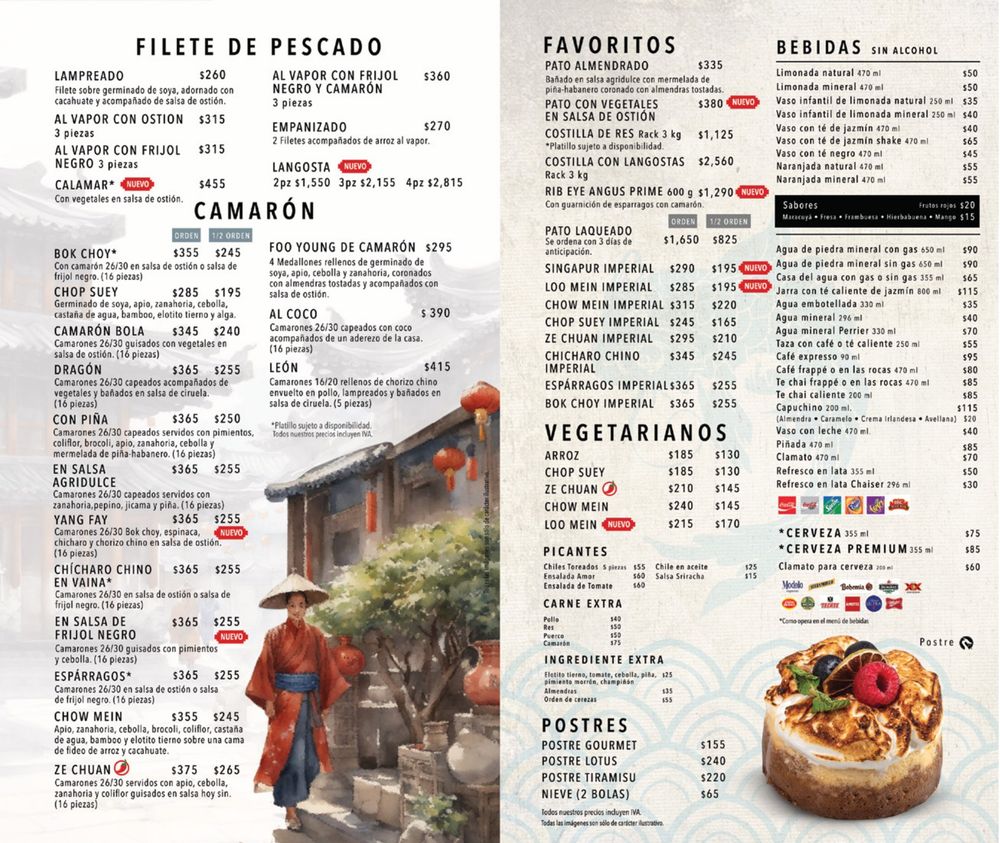 Carta de Dragón Imperial, página 4: pescado, camarón, favoritos, postres y bebidas